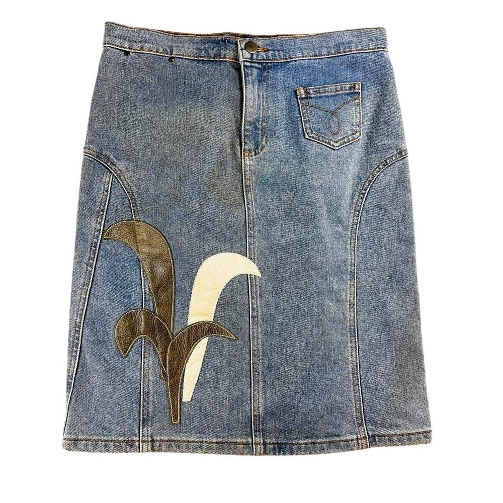 Vintage Laundry by Shelli Segal Skirt Women 0 Blue Leather Floral Applique Denim
